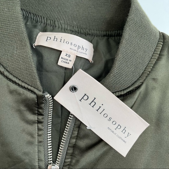 New Philosophy Rich Olive Green Satin 90s Zip-up Preppy College Bomber Jacket - Picture 5 of 16